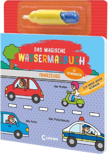 Buchcover und Innenansicht für das Buch: Das magische Wassermalbuch - Fahrzeuge