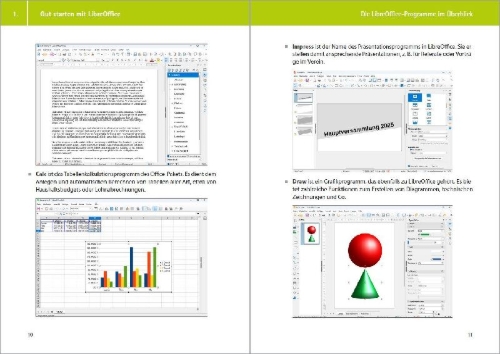 Buchcover und Innenansicht für das Buch: LibreOffice - Praxiswissen - Das Handbuch zur Software für Ein- und Umsteiger