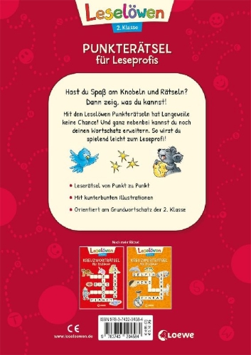 Buchcover und Innenansicht für das Buch: Leselöwen Punkterätsel für Leseprofis - 2. Klasse (Rot)