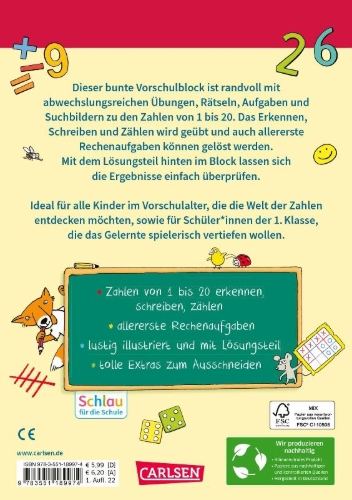 Buchcover und Innenansicht für das Buch: Schlau für die Schule: Mein bunter Zahlen-Block