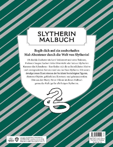 Buchcover und Innenansicht für das Buch: Aus den Filmen zu Harry Potter: Das offizielle Malbuch: Slytherin