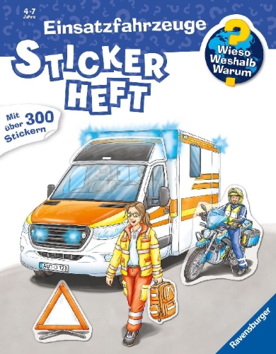 Buchcover und Innenansicht für das Buch: Wieso? Weshalb? Warum? Stickerheft: Einsatzfahrzeuge