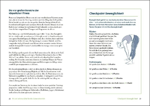 Buchcover und Innenansicht für das Buch: Fit, schmerzfrei und gesund bis ins hohe Alter