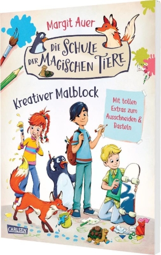 Buchcover und Innenansicht für das Buch: Die Schule der magischen Tiere Beschäftigung: Kreativer Malblock