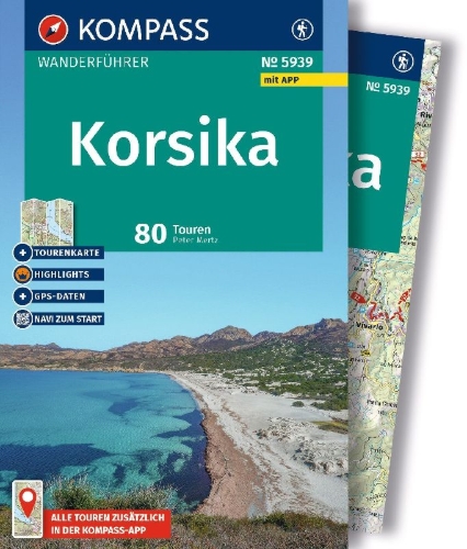 Buchcover und Innenansicht für das Buch: KOMPASS Wanderführer Korsika, 80 Touren mit Extra-Tourenkarte