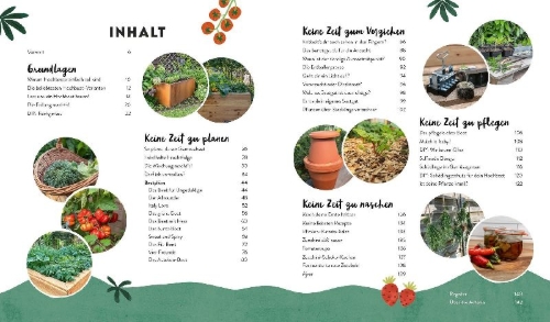 Buchcover und Innenansicht für das Buch: Keine Zeit zu gärtnern - Easy Ernteglück im Hochbeet