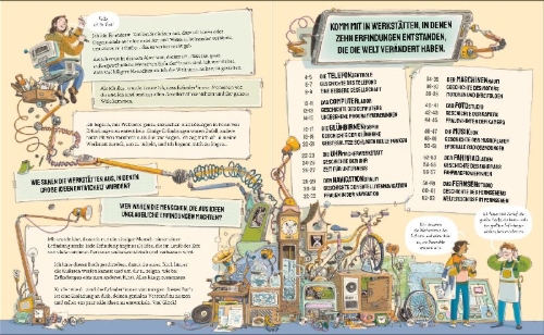 Buchcover und Innenansicht für das Buch: The Inventor's Workshop: 10 Inventions That Changed the World