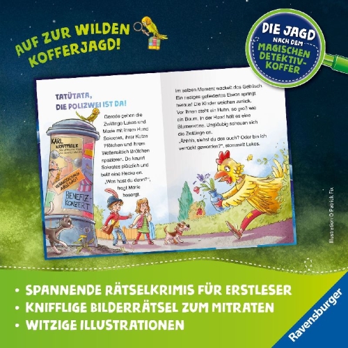 Buchcover und Innenansicht für das Buch: Die Jagd nach dem magischen Detektivkoffer, Band 3: Hühnerdieb gesucht!