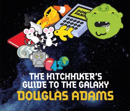 Buchcover und Innenansicht für das Buch: The Hitchhiker's Guide to the Galaxy. Film Tie-in. 5 CDs