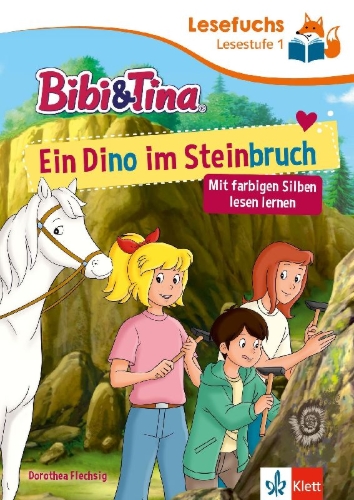 Buchcover und Innenansicht für das Buch: Lesefuchs Bibi & Tina: Ein Dino im Steinbruch Lesestufe 1