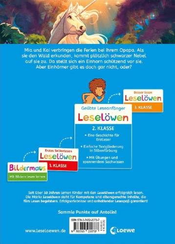 Buchcover und Innenansicht für das Buch: Leselöwen 2. Klasse - Das Geheimnis des weißen Einhorns