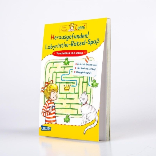 Buchcover und Innenansicht für das Buch: Conni Gelbe Reihe (Beschäftigungsbuch): Herausgefunden! Labyrinthe-Rätsel-Spaß