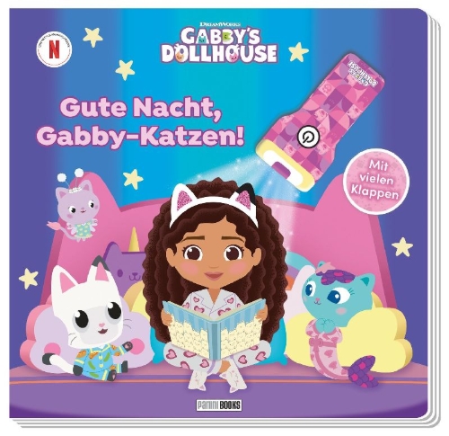 Buchcover und Innenansicht für das Buch: Gabby's Dollhouse: Gute Nacht, Gabby-Katzen!