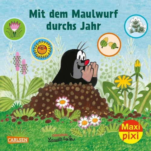 Buchcover und Innenansicht für das Buch: Maxi Pixi 405: Mit dem Maulwurf durchs Jahr