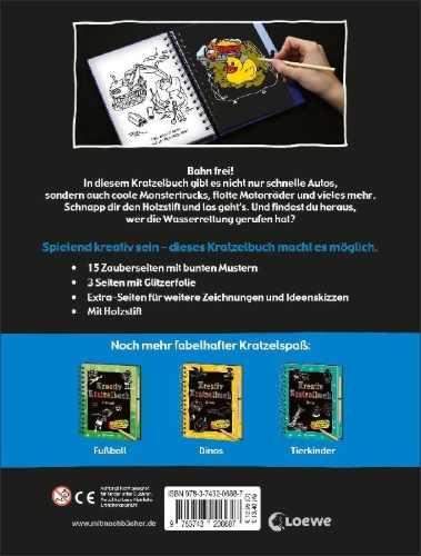 Buchcover und Innenansicht für das Buch: Kreativ-Kratzelbuch: Fahrzeuge