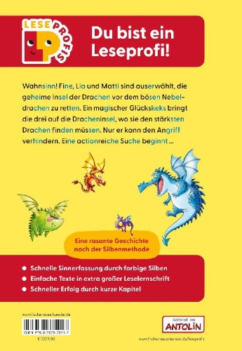 Buchcover und Innenansicht für das Buch: Leseprofis - Silbe-für-Silbe: Das Geheimnis der Dracheninsel, 1. Klasse