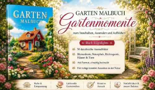 Buchcover und Innenansicht für das Buch: Garten Malbuch für Erwachsene - 50 Ausmalbilder zur Entspannung
