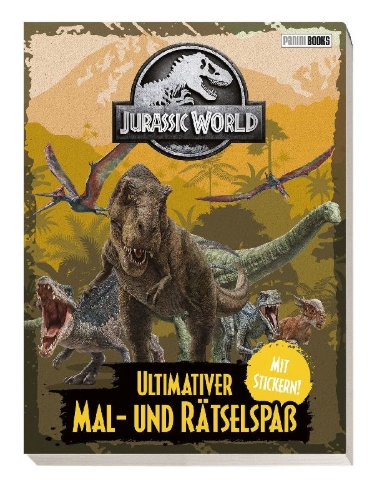 Buchcover und Innenansicht für das Buch: Jurassic World: Ultimativer Mal- und Rätselspaß