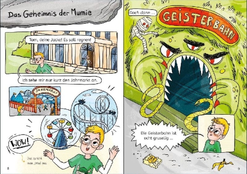 Buchcover und Innenansicht für das Buch: Leselöwen Comics 2. Klasse - Oh Schreck, die Mumie ist weg!