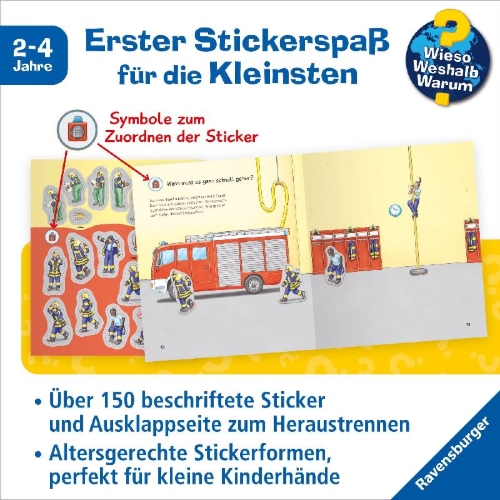 Buchcover und Innenansicht für das Buch: Wieso? Weshalb? Warum? junior Stickerheft - Feuerwehr