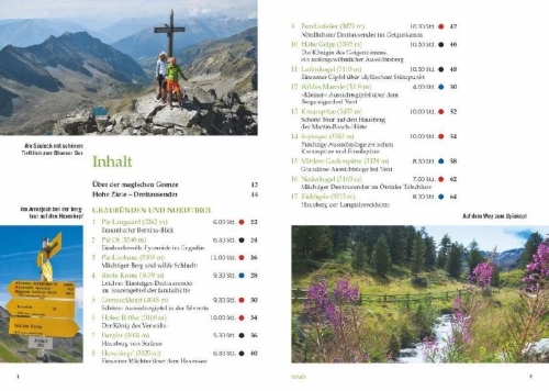 Buchcover und Innenansicht für das Buch: Hohe Ziele. Die besten 3000er für Wanderer in den Ostalpen. Wanderführer: die schönsten 3000er auf einfachen Wegen besteigen. Tourenführer: mit Wegbeschreibungen, Tourensteckbriefen und Karten.