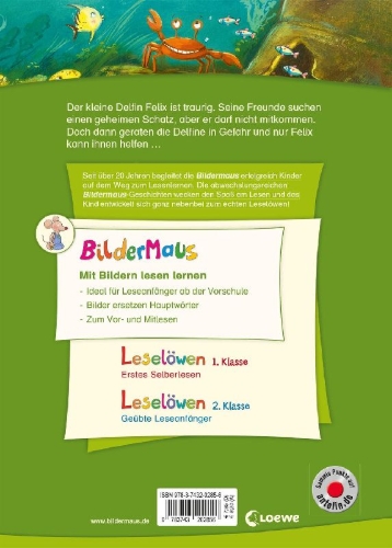 Buchcover und Innenansicht für das Buch: Bildermaus - Der kleine Delfin auf Schatzsuche