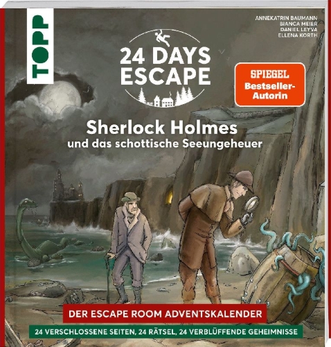 Buchcover und Innenansicht für das Buch: 24 DAYS ESCAPE - Der Escape Room Adventskalender: Sherlock Holmes und das schottische Seeungeheuer