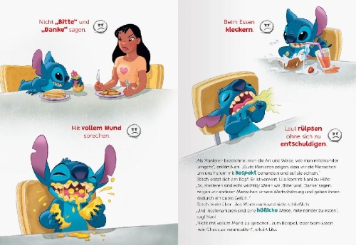 Buchcover und Innenansicht für das Buch: Alltagshelden - Gefühle lernen mit Disney: Disney Lilo & Stitch - Benimm dich, Stitch! Über Manieren und Respekt.
