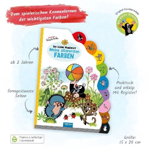 Buchcover und Innenansicht für das Buch: Trötsch Der kleine Maulwurf Pappenbuch mit Register Meine allerersten Farben