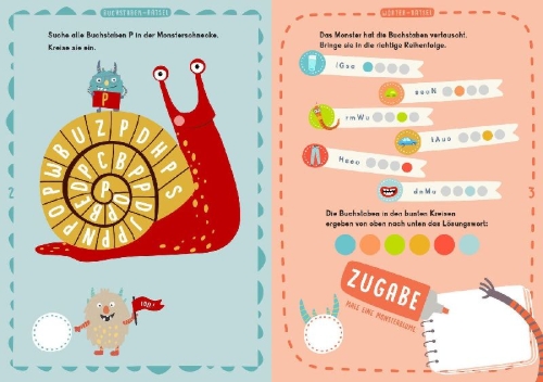 Buchcover und Innenansicht für das Buch: Leserätsel für mutige Kinder - Die Monster sind los! - ab 6 Jahren
