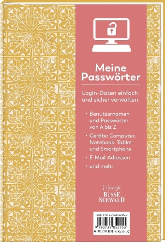Buchcover und Innenansicht für das Buch: Meine Passwörter. Ein Eintragebuch für Ihre Zugangsdaten, das Sie einfach in Ihrem Bücherregal verstecken können.