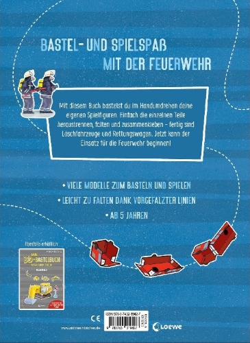 Buchcover und Innenansicht für das Buch: Mein 3D-Bastelbuch - Falten, kleben, spielen - Feuerwehr