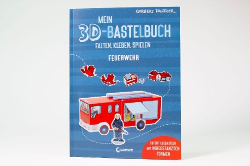 Buchcover und Innenansicht für das Buch: Mein 3D-Bastelbuch - Falten, kleben, spielen - Feuerwehr