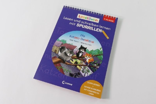 Buchcover und Innenansicht für das Buch: Leselöwen - Lesen und schreiben lernen mit Spurrillen - Die Katzen-Detektive