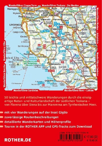 Buchcover und Innenansicht für das Buch: ROTHER Wanderführer Toskana - Der Süden. 50 Touren zwischen Florenz und der Maremma, im Chianti und um San Gimignano und Siena