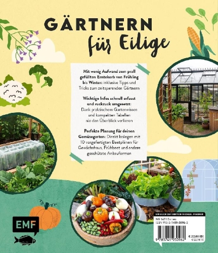 Buchcover und Innenansicht für das Buch: Keine Zeit zu gärtnern - Gemüse länger ernten in Gewächshaus, Frühbeet & Co.