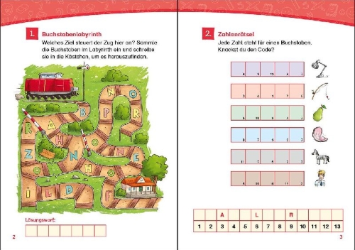 Buchcover und Innenansicht für das Buch: Leselöwen Rätsel-Rallye für Erstleser - 1. Klasse (Orange)