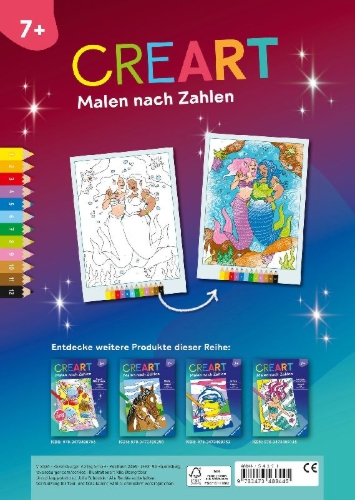 Buchcover und Innenansicht für das Buch: CreArt Malen nach Zahlen ab 7 Zauberpapier - Meerjungfrauen
