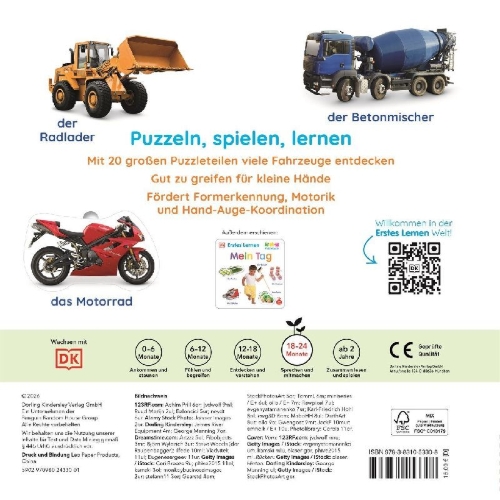 Buchcover und Innenansicht für das Buch: Erstes Lernen Puzzlebuch. Fahrzeuge