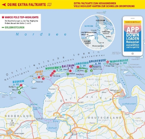 Buchcover und Innenansicht für das Buch: MARCO POLO Reiseführer Ostfriesische Inseln, Baltrum, Borkum, Juist, Langeoog, Norderney, Spiekeroog, Wangerooge