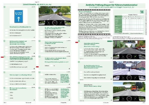Buchcover und Innenansicht für das Buch: Führerschein Fragebogen Klasse A, A1, A2 - Motorrad Theorieprüfung original amtlicher Fragenkatalog auf 71 Bögen