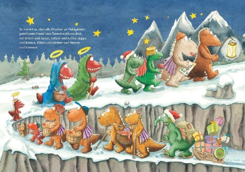 Buchcover und Innenansicht für das Buch: Der kleine Drache Kokosnuss - Fröhliche Weihnachtszeit