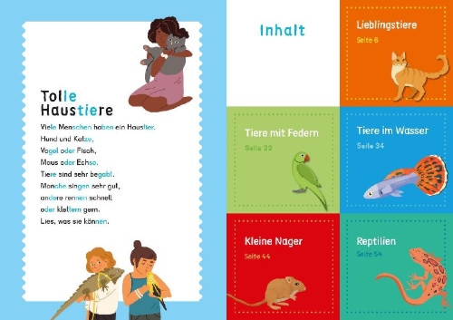 Buchcover und Innenansicht für das Buch: Dein Lesestart: Weißt du schon alles über Haustiere? Ab 1. Klasse