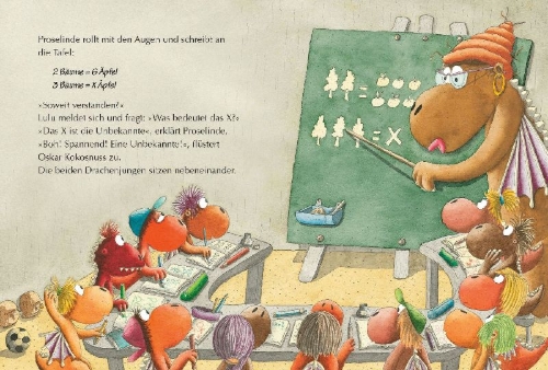 Buchcover und Innenansicht für das Buch: Der kleine Drache Kokosnuss - Aufregung in der Drachenschule