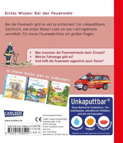 Buchcover und Innenansicht für das Buch: Unkaputtbar: Erstes Wissen: Bei der Feuerwehr