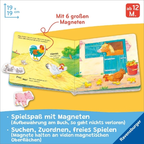 Buchcover und Innenansicht für das Buch: Mein erstes Magnetbuch - Wer spielt mit wem? Bauernhoftiere
