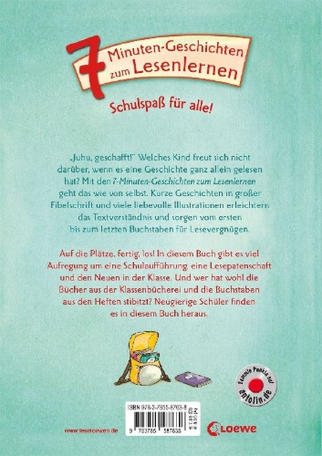 Buchcover und Innenansicht für das Buch: Leselöwen - Das Original - 7-Minuten-Geschichten zum Lesenlernen - Schulspaß für alle!