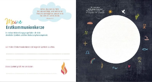 Buchcover und Innenansicht für das Buch: Meine Erstkommunion Erinnerungsalbum Regenbogen