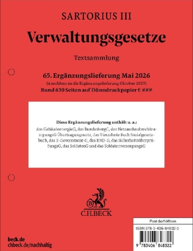 Buchcover und Innenansicht für das Buch: Verwaltungsgesetze ( Sartorius 3) für die neuen Bundesländer. 65. Ergänzungslieferung