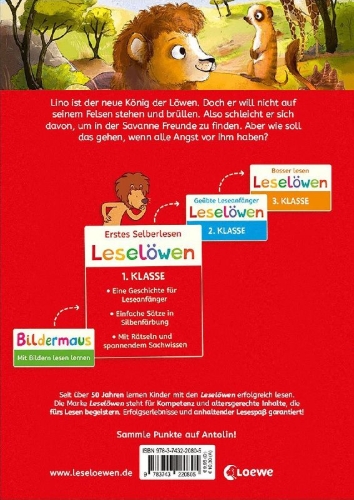 Buchcover und Innenansicht für das Buch: Leselöwen 1. Klasse - Ein Löwe findet Freunde